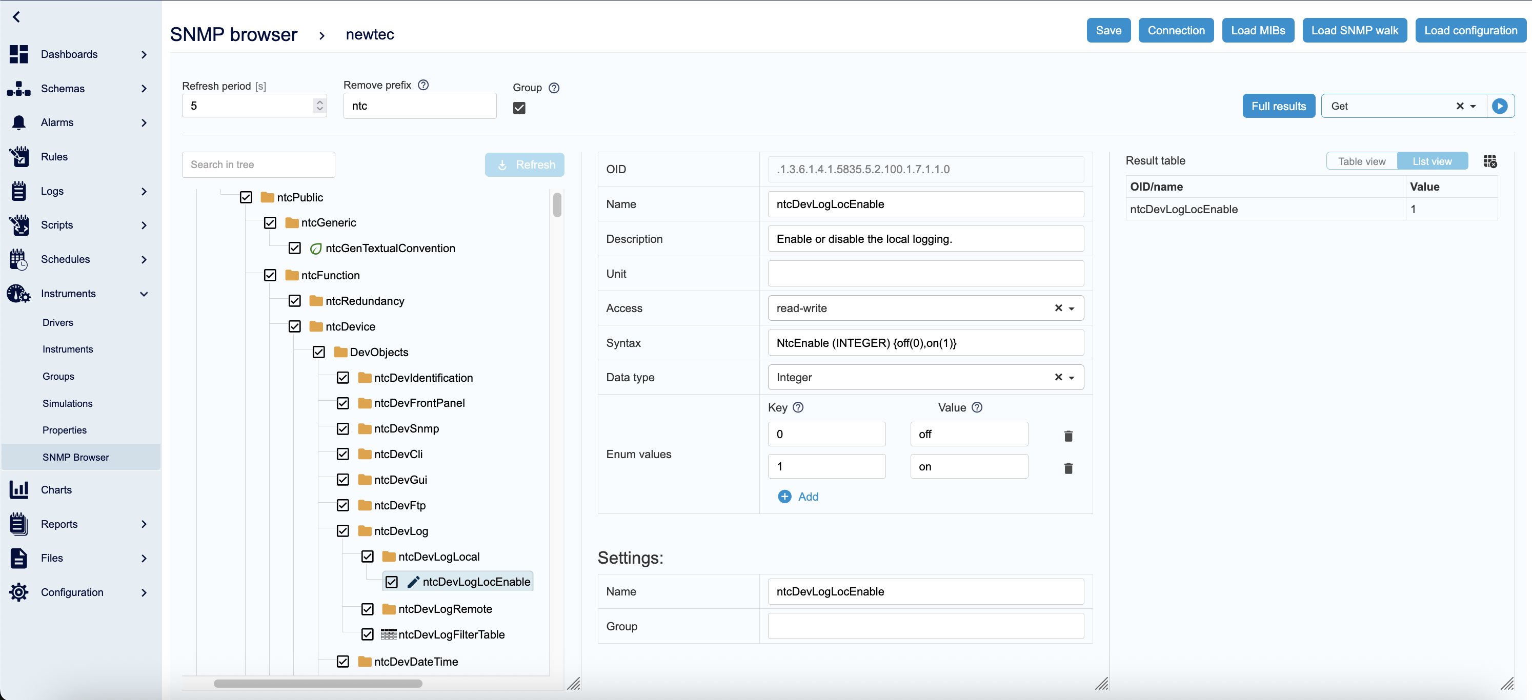 The SNMP Browser screen in Monica